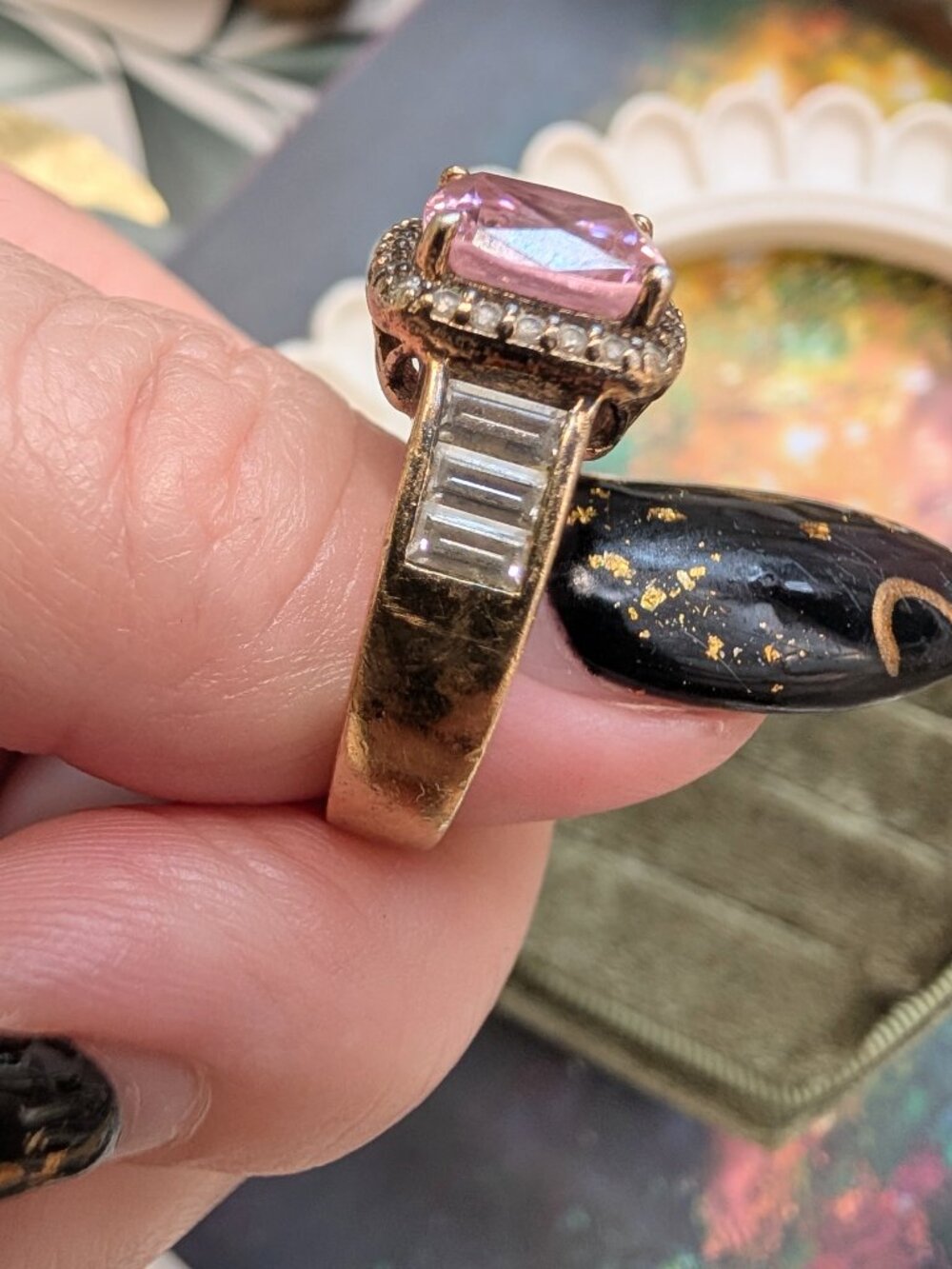Vintage Sparkling Princess Cut Pink & Clear CZ Sterling Silver Ring, Size 8 - Picture 6 of 16